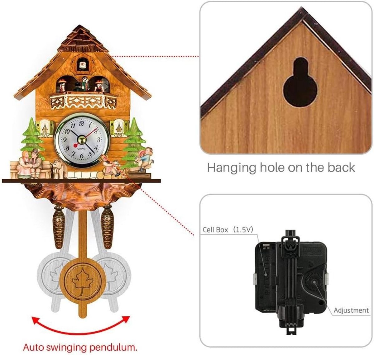 Antieke Houten Koekoeksklok met Automatische Pendel en Swing, Perfecte Wanddecoratie voor Thuis