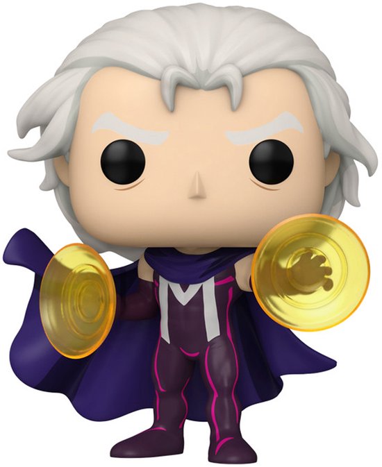 Funko Pop! Magneto met paarse cape, paars met roze pak met M-logo en gele energiebollen in zijn handen.