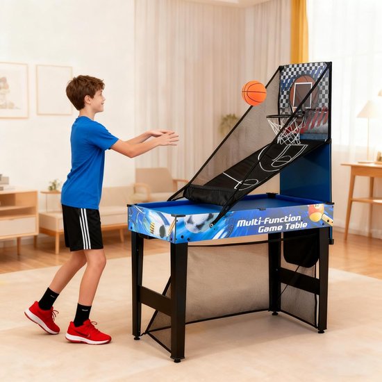 Jongen speelt basketbal op de multifunctionele speeltafel in een woonkamer.