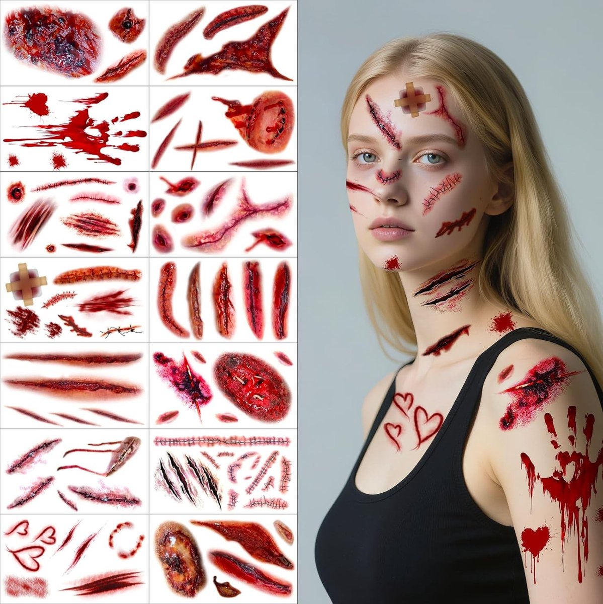 Tijdelijke Halloween Tattoos en Stickers voor Gezichtsversiering - 14 Bladen met Realistische en Creepy Ontwerpen voor Kostuums en Feestjes