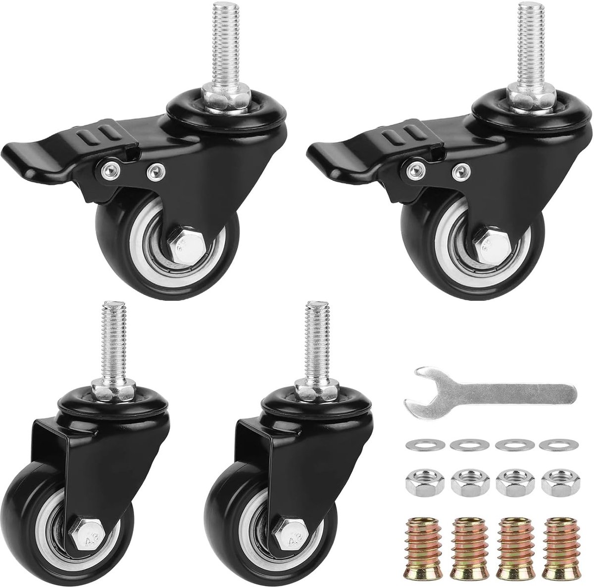 Wielen met Rem voor Meubels, 40 mm Zwenkwielen met Draad, Geschikt voor 50 kg per Wiel, Set van 4 Wielen met 2 Remmen