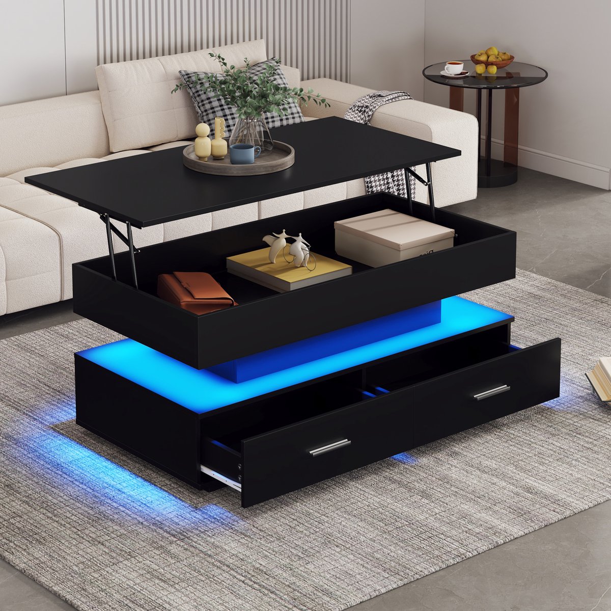 MEUNIQ Hydraulisch in hoogte verstelbare salontafel 100 x 50 x 44 cm met LED-verlichting via Bluetooth-app, 2 lades en open opbergvak voor woonkamer, zwart