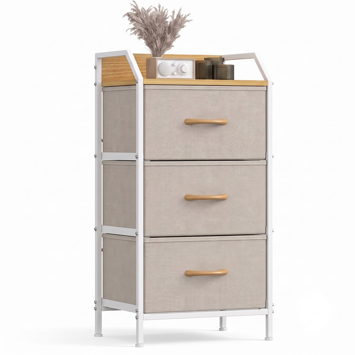 Hoog nachtkastje - 3 stoffen lades - Khaki en wit - MDF-blad met houtlook en opstaande rand - Verstelbare voeten - Slaapkamer - 40 x 30 x 78 cm