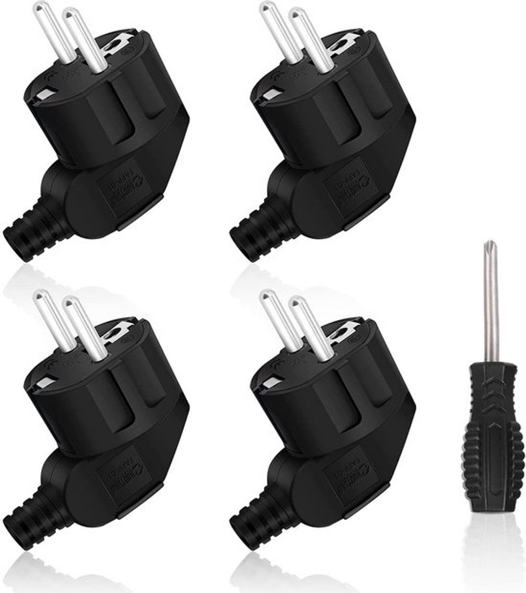 4x Geaarde Hoekstekker IP44 Waterdicht Zwart + Schroevendraaier Set