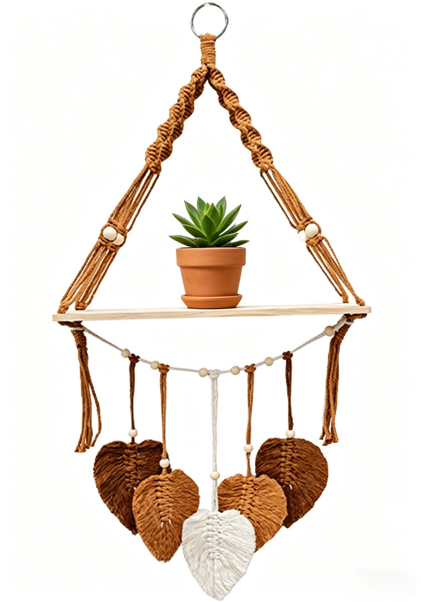 Makramé Wandplank - Houten Wandrek - Boho Wanddecoratie - Hangplank met Katoenen Touw - Plantenrek - Zwevende Wandplank - Handgemaakt Wandrek - Wandplank voor Woonkamer, Slaapkamer, Kinderkamer, Badkamer, Balkon, Camping en Camper - 40 x 90 cm