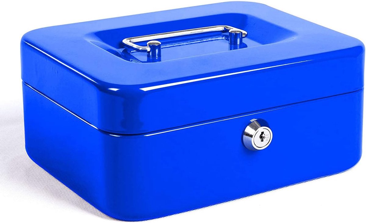 geldcassette met toetsenblokkering, draagbare spaarpot van metaal met dubbele laag en 2 sleutels voor veiligheid 20 x 16 x 9 cm (L, blauw)