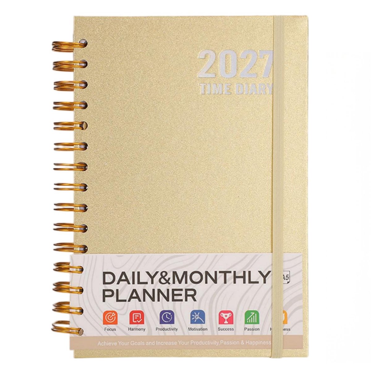 2027 Agenda – Dagelijkse & Maandelijkse Planner – Spiraalbinding met Elastische Band – Engelstalige Agenda & Notitieboek – Voor Werk, Studie & Persoonlijke Planning – A5 – 336 Pagina's – Goud – 1 Stuk