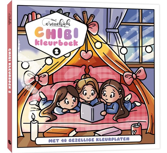 CreaChick Chibi Livre de Coloriage 2 avec 40 pages à colorier. Trois filles lisent un livre sous une tente dans un lit.