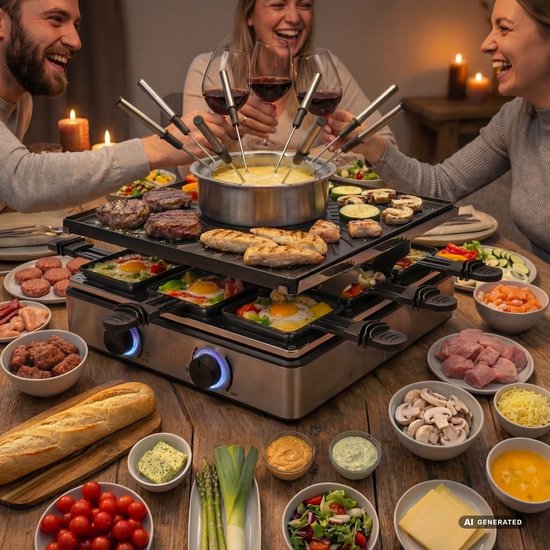Princess Gourmetstel - Raclette en Fondue 31x31cm - 162670 - 1800W - 8 Personen - Incl vorkjes en spatels - 5-in-1 Functionaliteit - PFAS vrij - Grillen, bakken, funcook — afbeelding 4