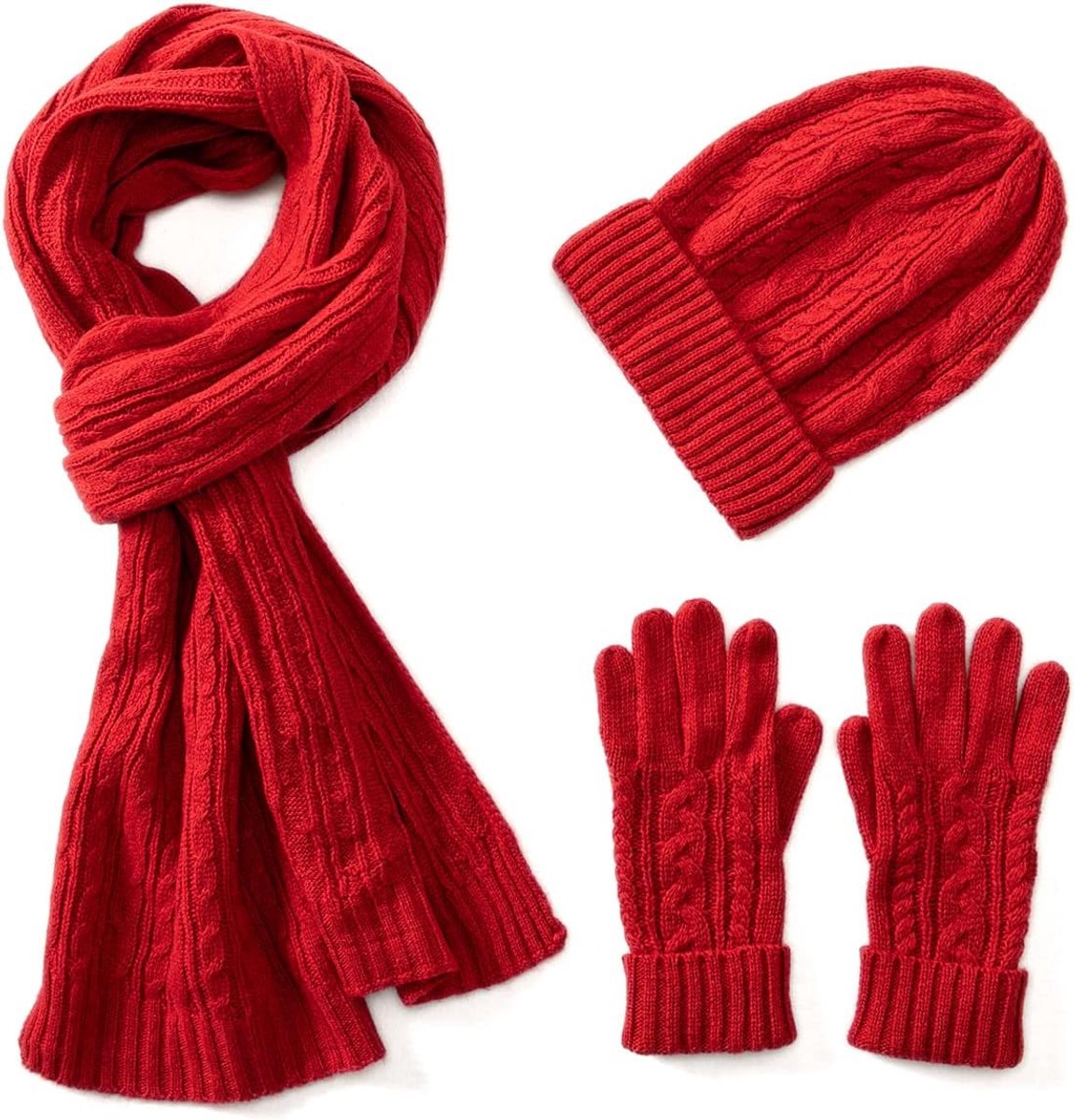 3 in 1 wollen muts voor dames, handschoenen en sjaal, winterset, 3-delige kabel gebreide muts voor vrouwen met geschenkdoos
