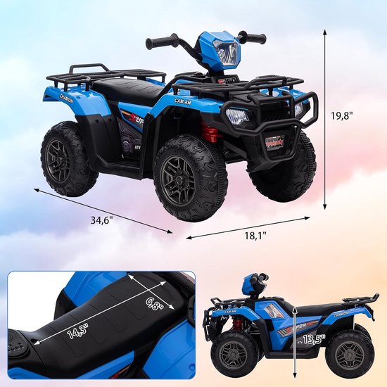 Blauw elektrisch kinderquad met afmetingen: lengte 87,5 cm, breedte 45,5 cm, hoogte 50,3 cm. Zitting: 36,3 cm lang, 17,3 cm breed.