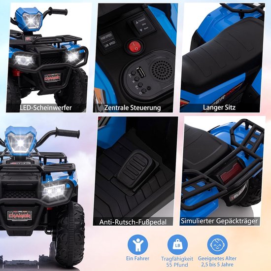Blauw elektrisch kinderquad met LED-koplampen, centrale bediening, lange zitting, anti-slip pedaal en bagagerek.