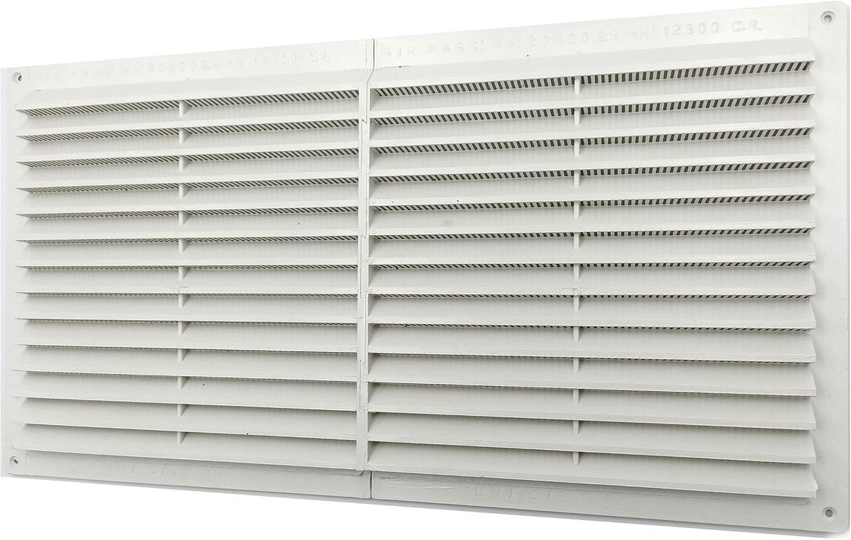 Ventilatierooster kunststof, 225 x 430 mm, voor ventilatie, rechthoekig, insectenbescherming, wit systeem, huislucht, 225 x 430 cm