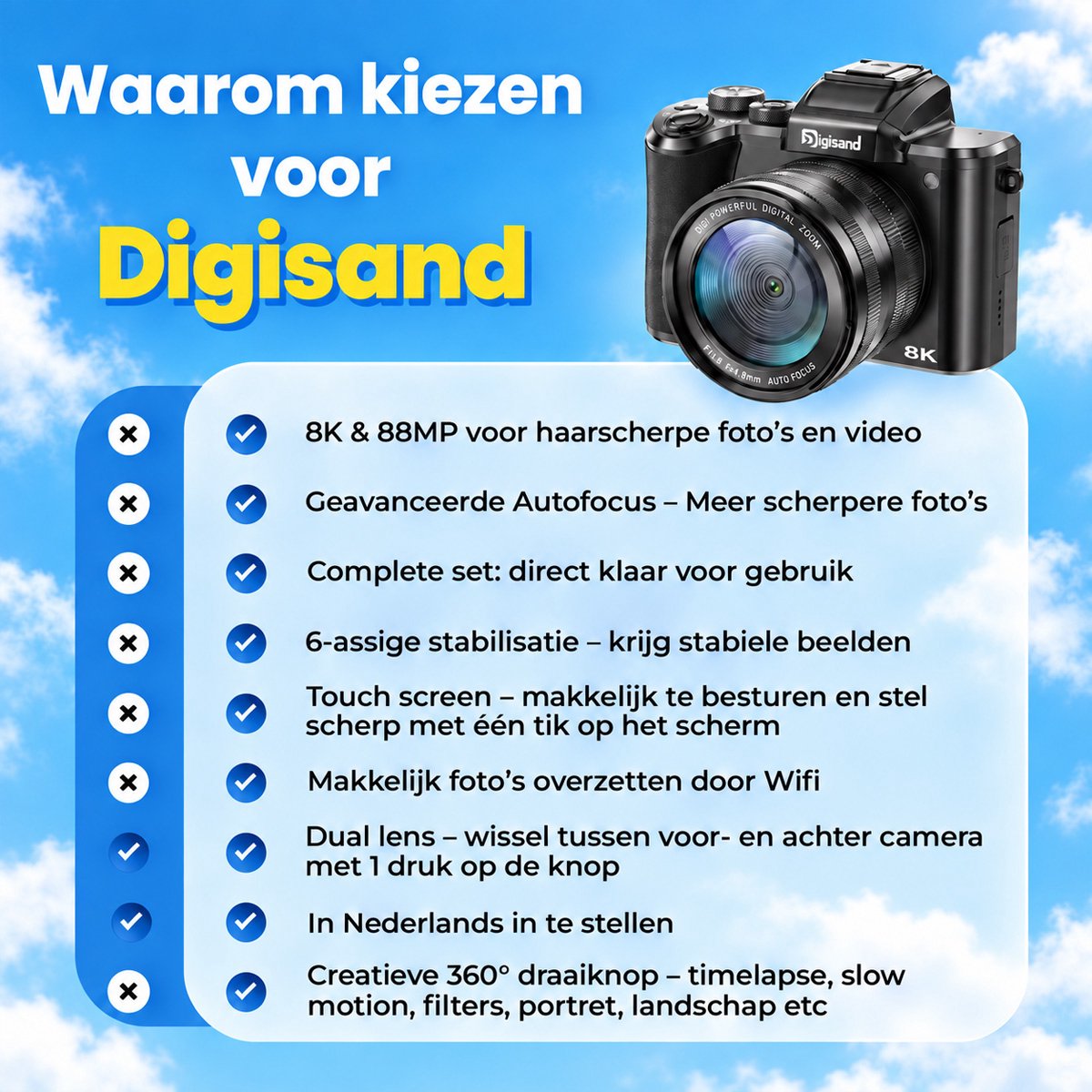 Digisand Digitale Camera 8K met WiFi– 88MP – Dubbele Lens Fotocamera – 3.2" IPS Touchscreen – Compact Camera met 16x Digitale Zoom – Vlog Camera vor Autofocus – EIS – Inclusief 128GB SD Kaart thumbnail 3