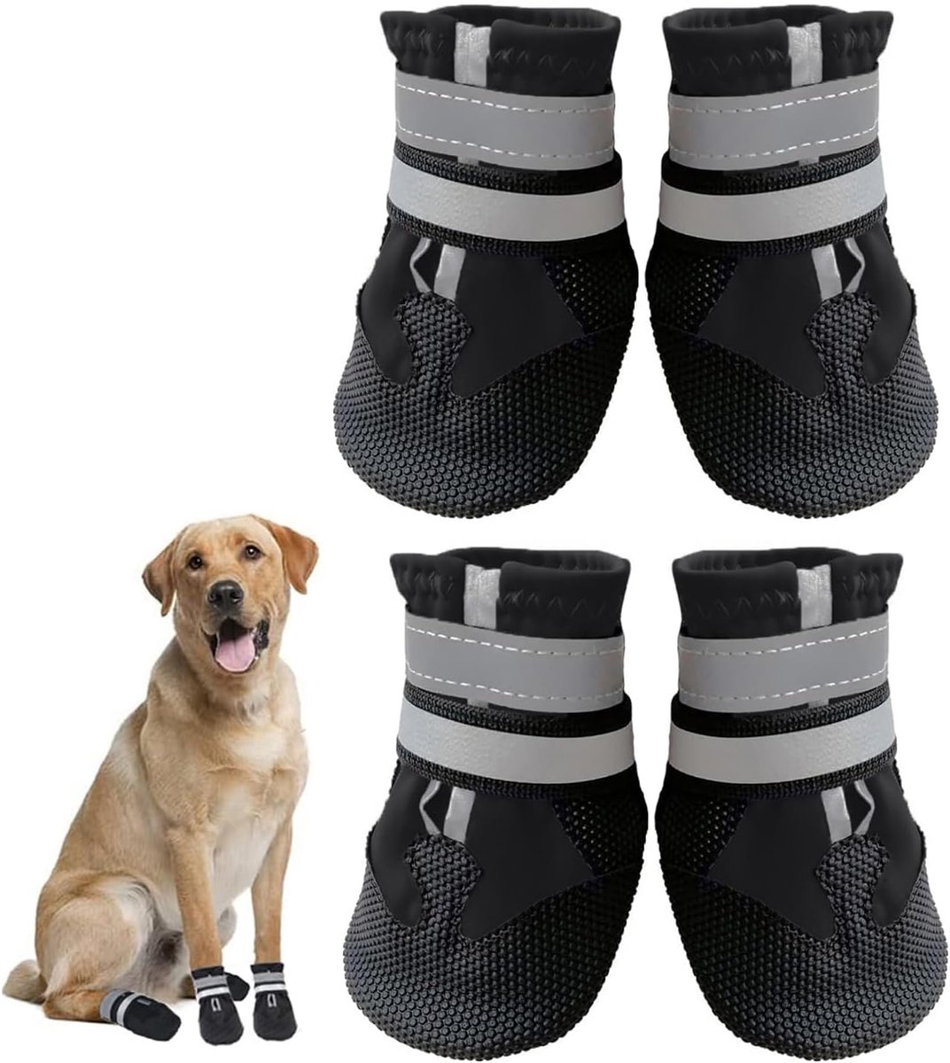 Schoenen, 4 stuks, pootbescherming, hondenschoenen met antislipzool, reflecterende riem voor kleine, middelgrote en grote honden (zwart) (S)