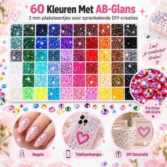 60 kleuren strasssteentjes met AB-glans voor DIY-creaties, met voorbeelden van nagels, telefoonhoesjes en decoratie.