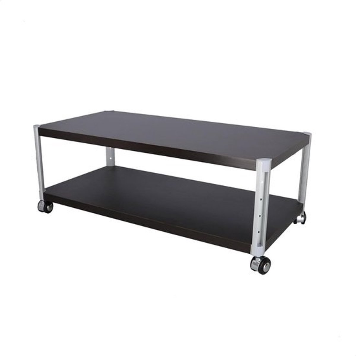 Moderne Salontafel met Wieltjes en Wengéblad - Rechthoekig Metalen Tafelblad