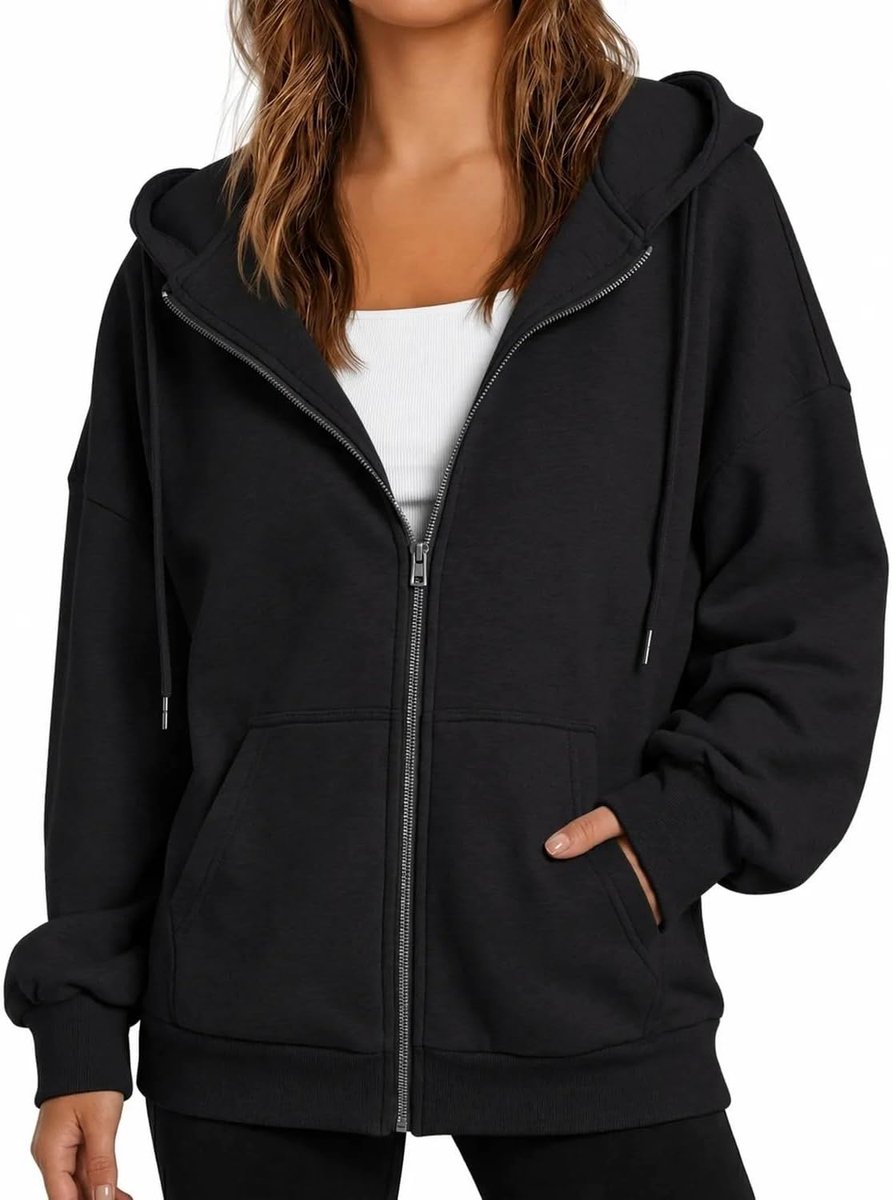 Hoodie met Ritssluiting, Hoodie met Fleecvoering, Capuchon met Trekkoord, Jas met Lange Mouwen en Zakken, Warme Casual Jas voor Alle Seizoenen
