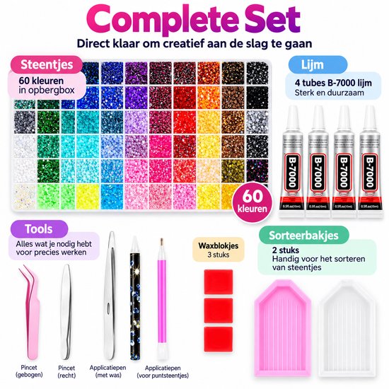 Complete set met 60 kleuren strasssteentjes, B-7000 lijm, pincetten en sorteerbakjes.
