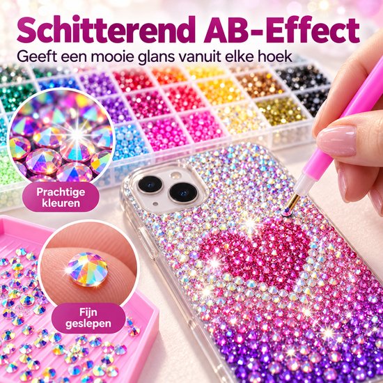 Schitterende AB-effect strasssteentjes, mooi glanzend vanuit elke hoek, op een versierd telefoonhoesje.