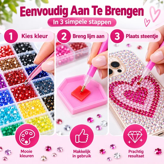 Instructies in 3 stappen om strasssteentjes aan te brengen: kies kleur, breng lijm aan, plaats steentje.