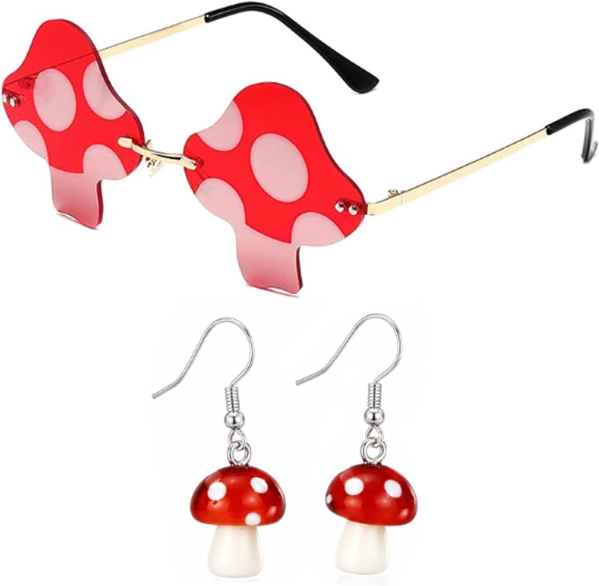 zonnebril, paddenstoelset met oorbellen, partyzonnebril voor dames en heren, grappige zonnebrillen voor festival, carnaval, strandfeest, lelijke zonnebril, paddenstoeldesign, foto-rekwisiet