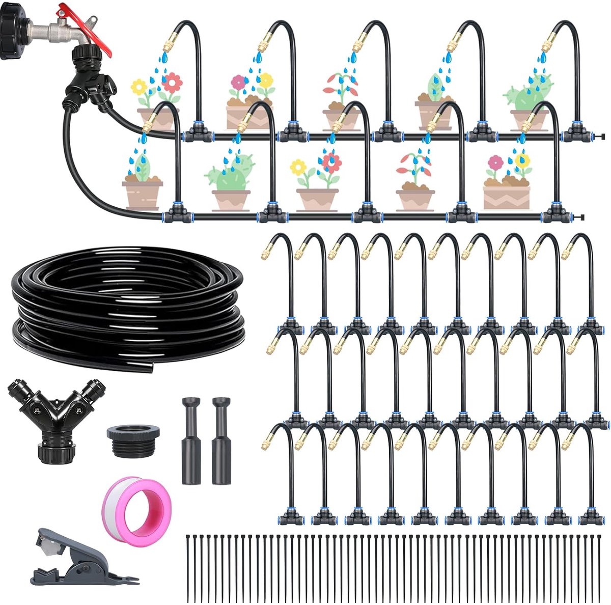 Irrigatiesysteem voor de tuin, 20 m, automatische irrigatieset, irrigatiebuizen, druppelirrigatie, micro-drip voor potplanten, verhoogd bed, terras, kas