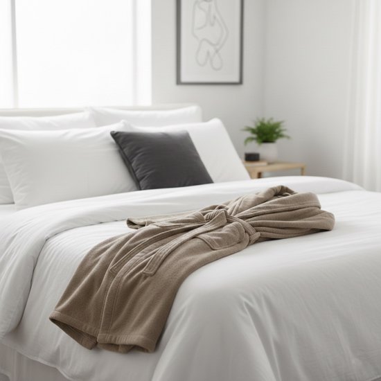 Peignoir taupe avec ceinture, posé sur un lit blanc préparé avec des oreillers blancs.