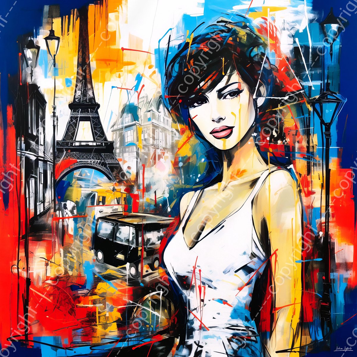 John Joseb Art (Aluminium) 100x100 | Vrouw in Parijs, Eiffeltoren, abstract, graffiti stijl, kleurrijk, kunst | Frankrijk, vierkant, Herman Brood, oranje, rood, blauw, groen, bruin, modern | Foto-Schilderij print op Dibond (metaal wanddecoratie)