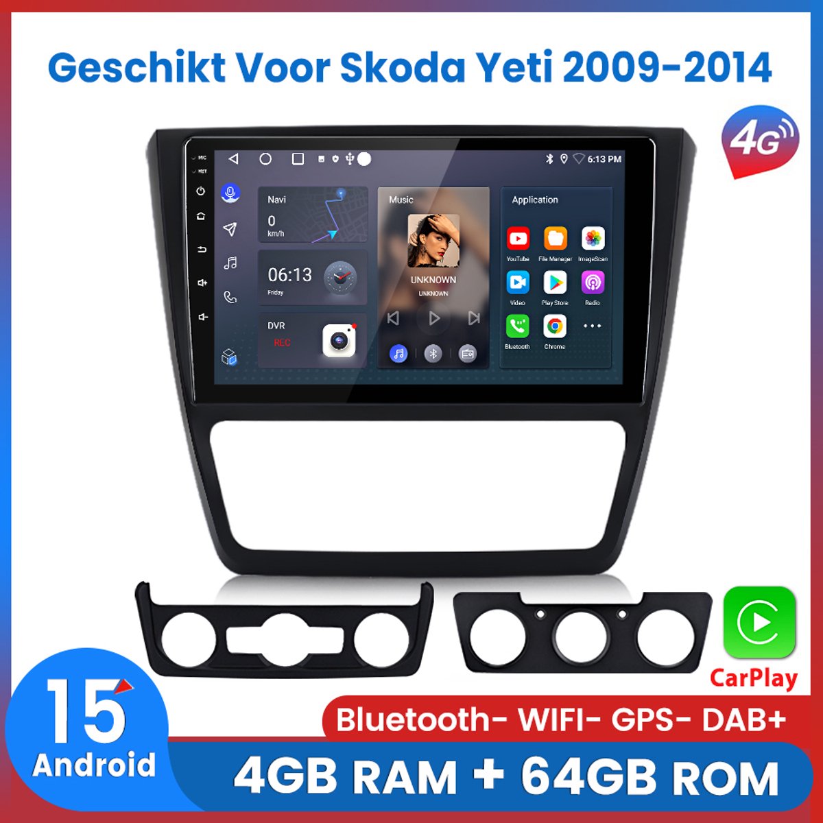 Awesafe 8-Core 4+64GB Autoradio - Geschikt Voor Skoda Yeti 2009 t/m 2014 - Draadloze Carplay Android Auto - Touchscreen - GPS Navigatie 4G WiFi Mirror Link FM RDS 32EQ DSP SWC - Bluetooth Radio - 2009 2010 2011 2012 2013 2014