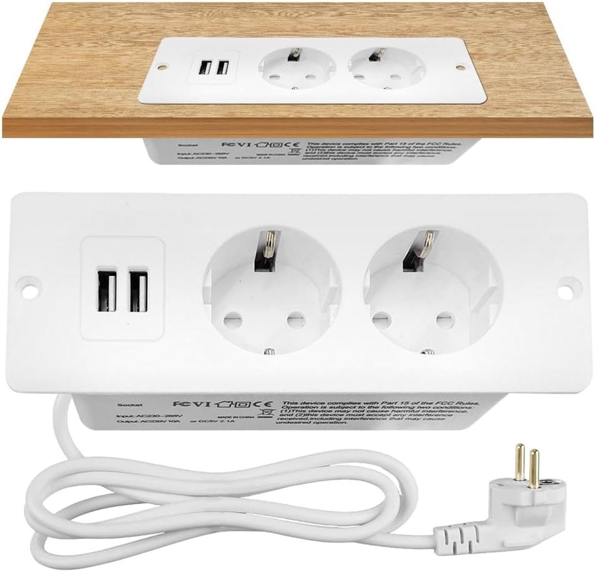 Rechthoekige inbouwstekkerdoos met USB, uitschuifbare stekker met 1,5 m kabel voor meubels en werkbladen