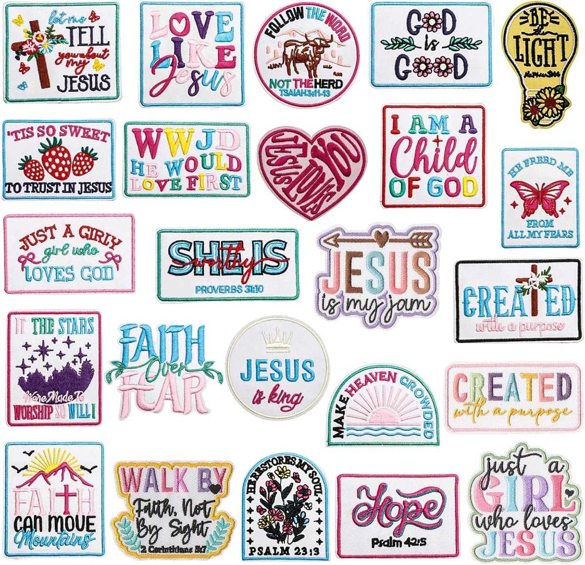 Kleurrijke geborduurde opstrijkbare patches met Bijbelversen, 24 stuks voor kleding en accessoires, ideaal voor DIY-projecten en uniformen
