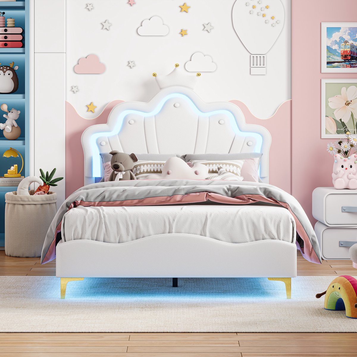 Yelenaro Kinderbed 140x190 cm, Gestoffeerd bed met LED, Meisjesbed met verstelbaar hoofdeinde, prinsessenbed met lattenbodem, kroonbed, eenpersoonsbed, wit, PU, zonder matras