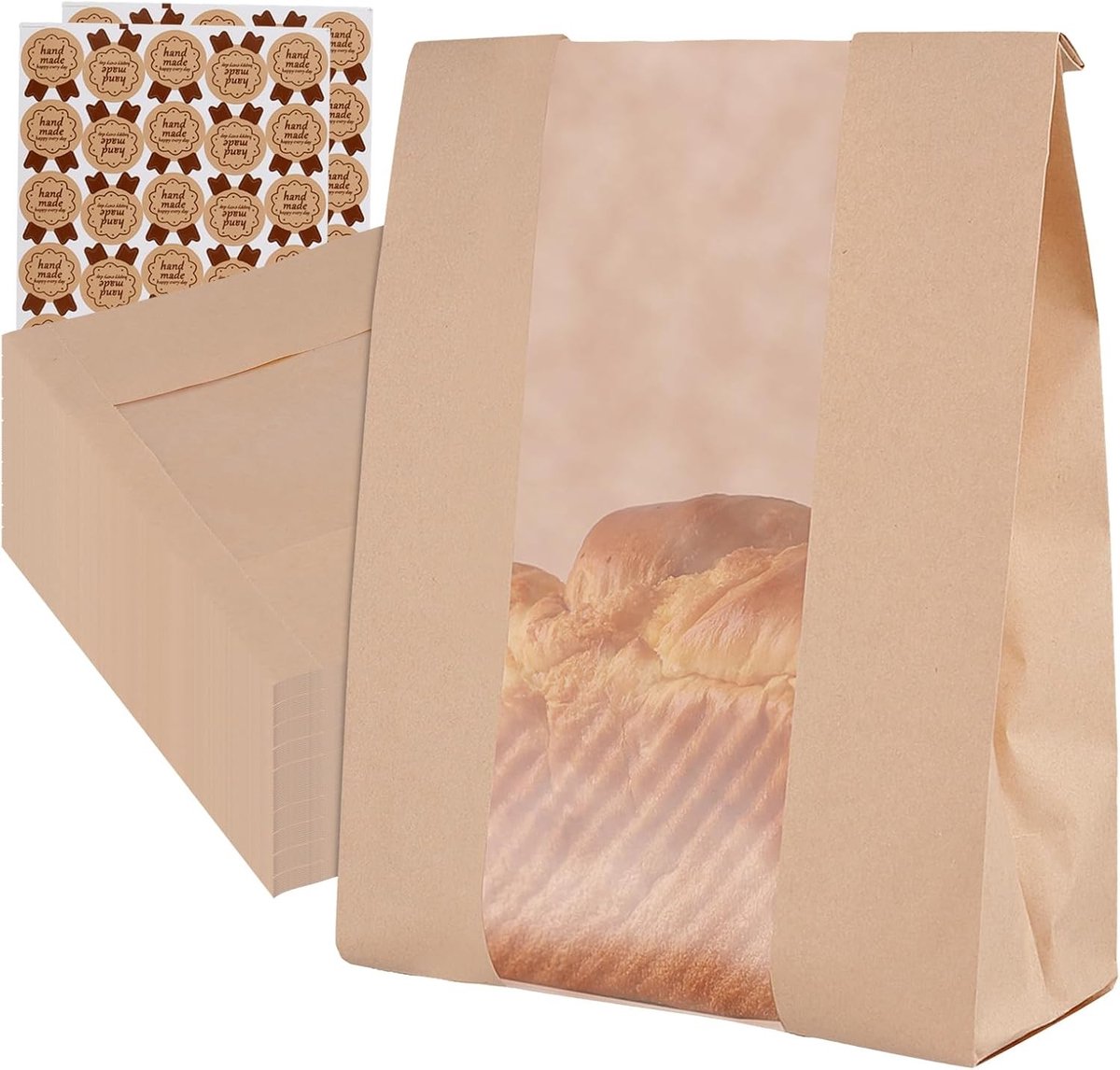 100 Stuks Papieren Broodzakken met Venster, Kraft Papier Bakkerijzak voor Zelfgemaakt Brood, Koekjes en Snacks, Inclusief 100 Sluitstickers, 34.8 x 20.8 x 9 cm