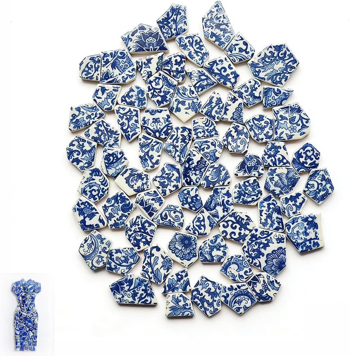 500g Onregelmatige Keramische Mozaïektegels voor DIY Mozaïekprojecten, 2-4cm, Blauw-Wit, Creatieve Wanddecoratie en Hobby Kunst