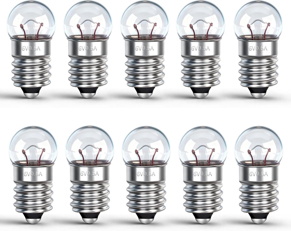 10 stuks kogellamp E10 DC 6V, 0.5A, warm wit 3000K, E10 gloeilamp gloeilicht G10 miniatuur schroefvoet, vervangende lamp voor elektrische experimenten, zaklampen, kribbe-verlichting