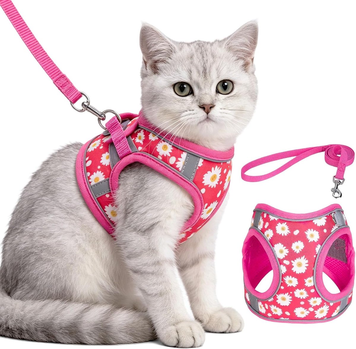 kattenharnas met riem, verstelbare harnasset voor katten met riem, ademend veiligheids-harnas voor kittens en grote katten, zacht kattenharnas (Roze, XS)
