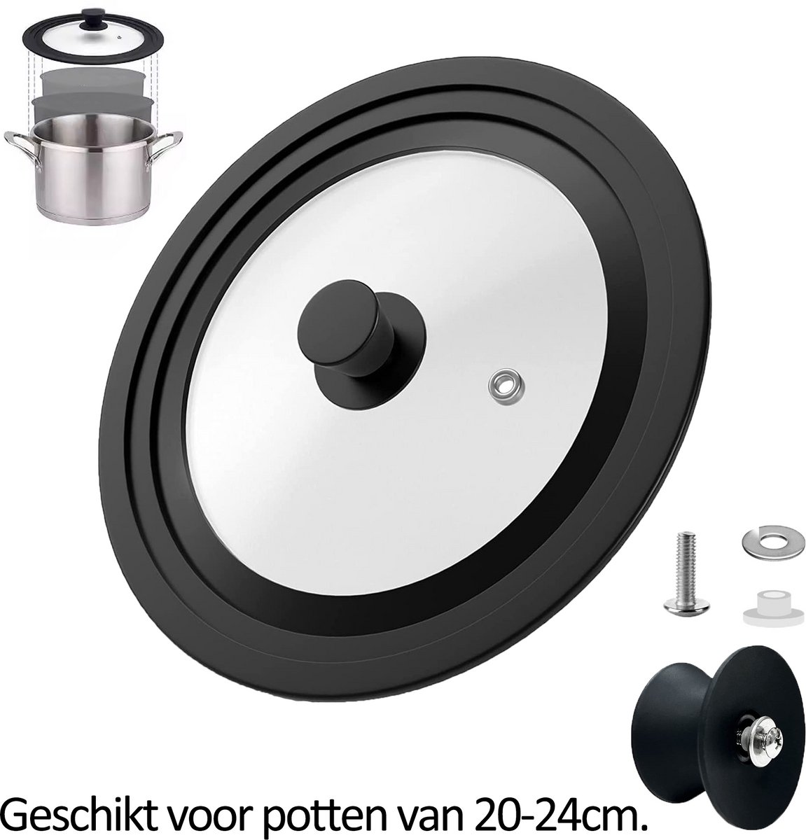 KZQ Universele Spatdeksel - Glazen Pannendeksel - 28/30/32 cm - Met Siliconen Rand & Stoomventiel - Hittebestendig - Kookaccessoires - Zwart