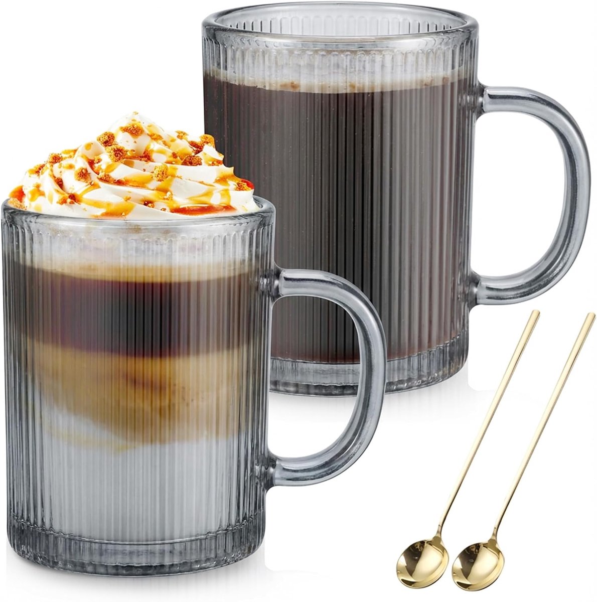 glazen koffiemokken 2-pack 350ml | Klassiek gestreept latte glas met handvat, voor cappuccino, macchiato, thee, melk, sap, koude & warme - Grijs