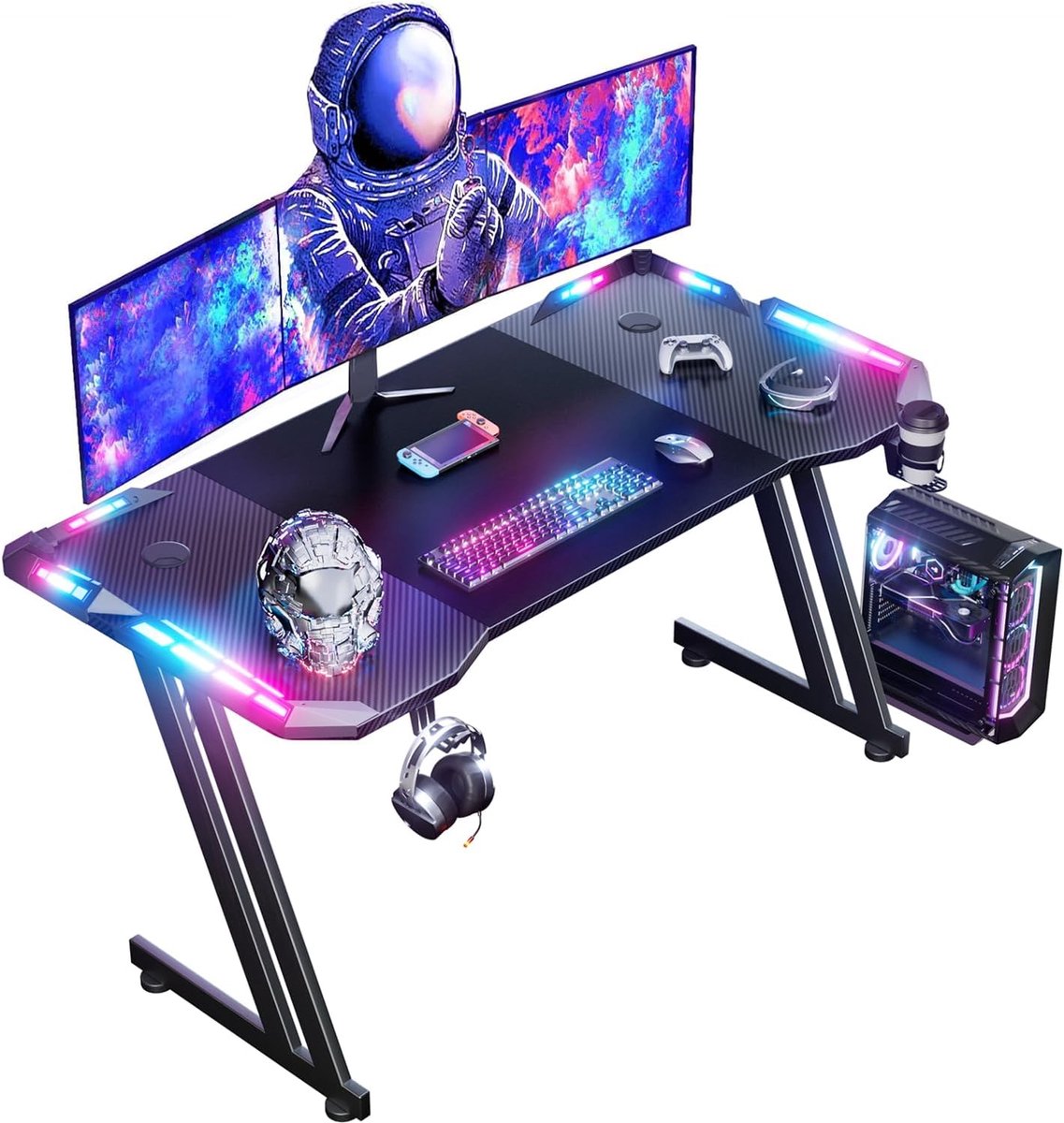 Gaming Bureau met LED, Koolstofvezel, 140 x 60 cm, Zwart | Gamingbureau met Hoofdtelefoonhaak, Bekerhouder, Muismat en Kabeldoorvoertules voor Gaming, Thuiskantoor