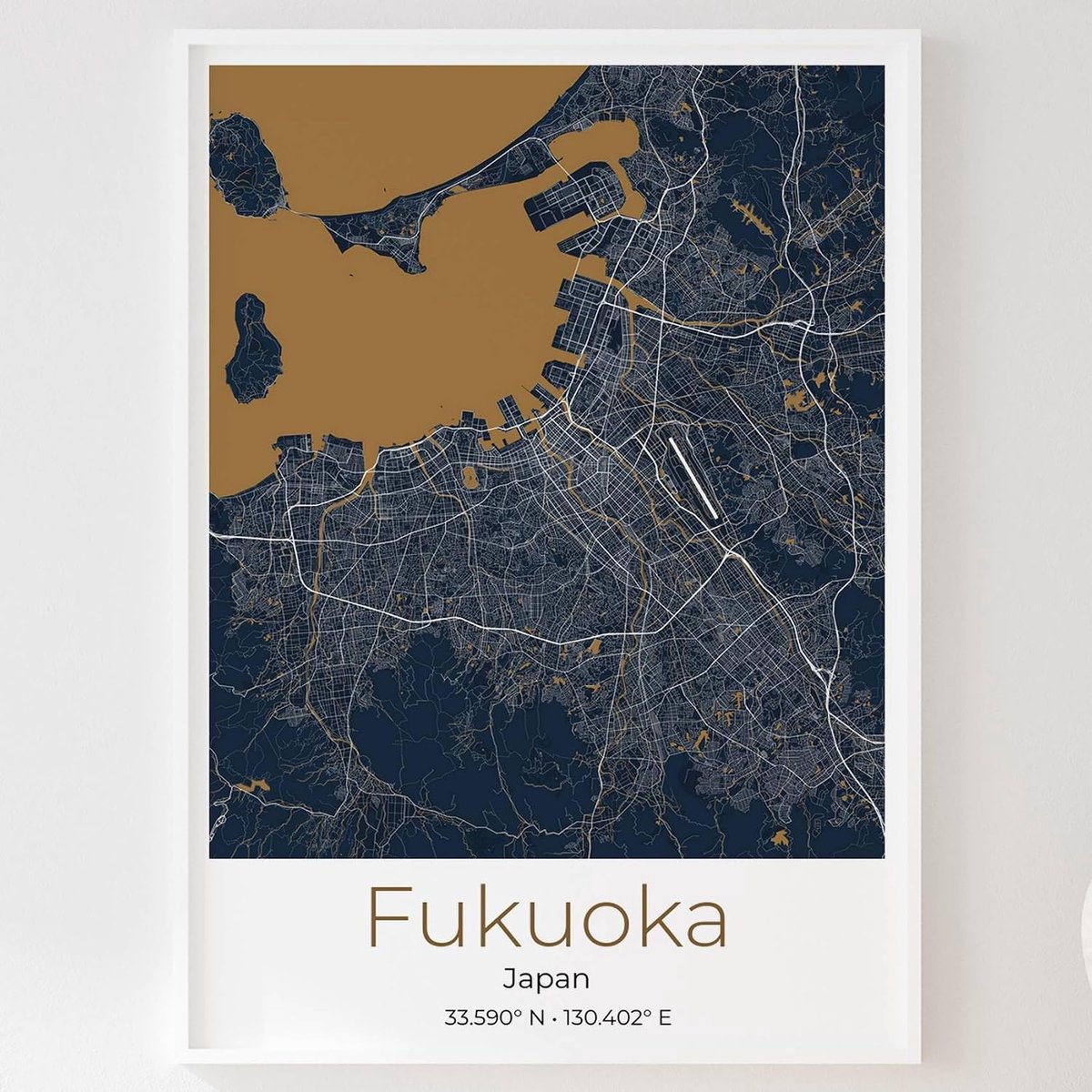 Mapdify Fukuoka stadsposter, je favoriete plek als muurposter, kaart van je stad, gepersonaliseerd aandenken aan Fukuoka – Kleur: darkgold – 70x100 cm – Stijl: Pure