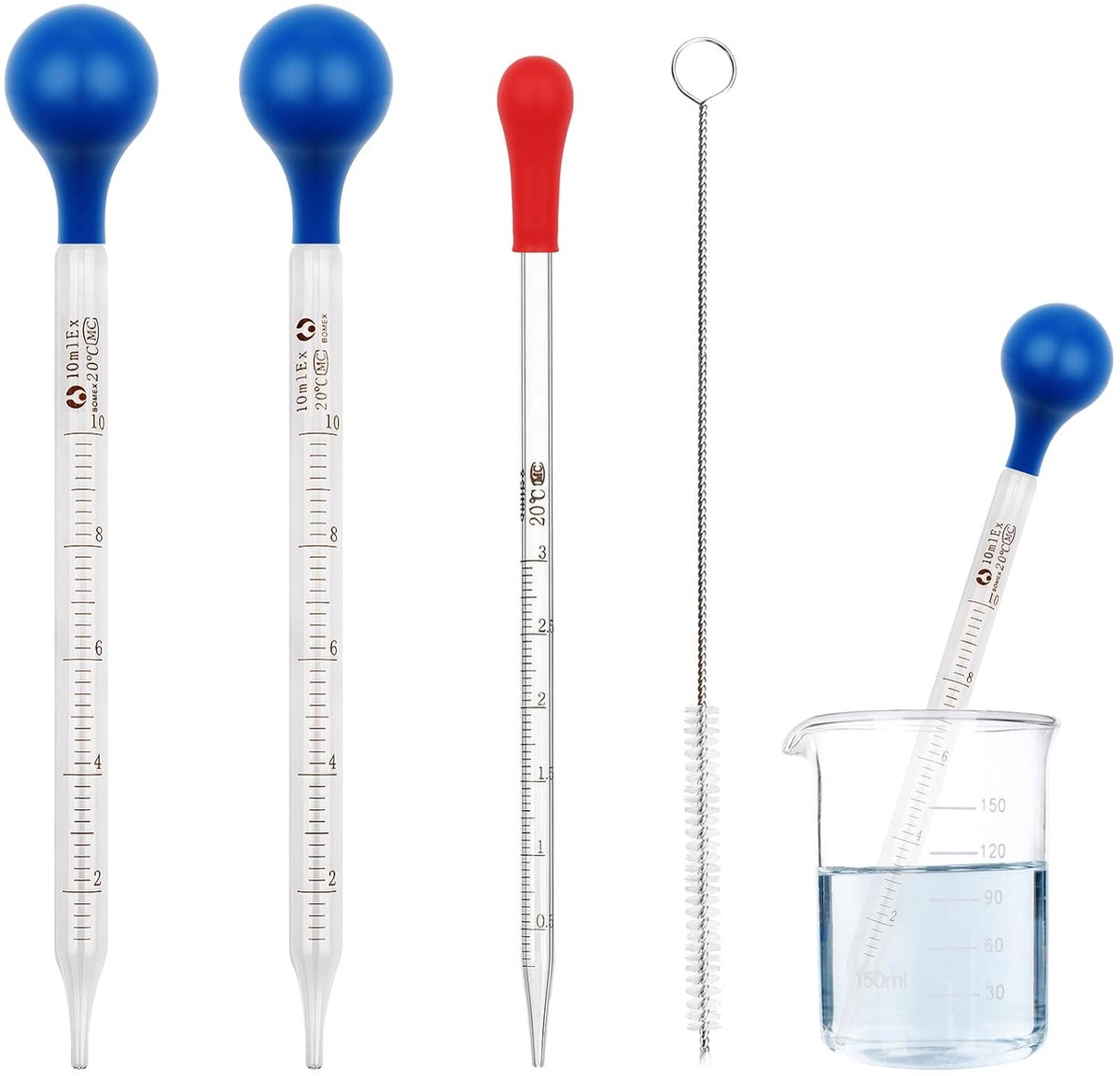 3 stuks glazen pipet 10 ml 3 ml, meetpipet met reinigingsborstel en rubberen pipetteerbal, transferpipet druppelpipet voor laboratorium, geneeskunde, school, levensmiddelen, onderzoek