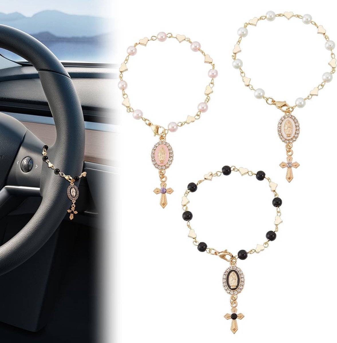 Kruishanger als rozenkransaccessoire in 3 kleuren met wielmotief, achteruitkijkspiegelhanger voor auto's met emaille hanger van de Maagd Maria Christelijk interieuraccessoire voor