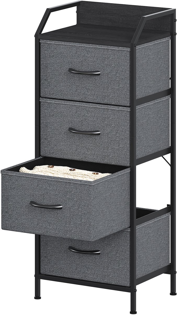 Smalle ladekast met 4 stoffen lades - Donkergrijs en zwart - MDF-bovenblad met opstaande rand - Voor slaapkamer of kantoor - 43 x 30 x 97,5 cm