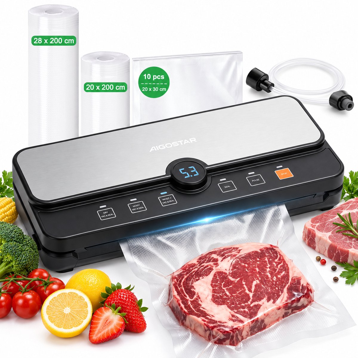 Aigostar Vacuümmachine - Vacuum Sealer - Dubbele Seal - Rolhouder en Snijder - Nat en Droog - 9 L/min van Aigostar