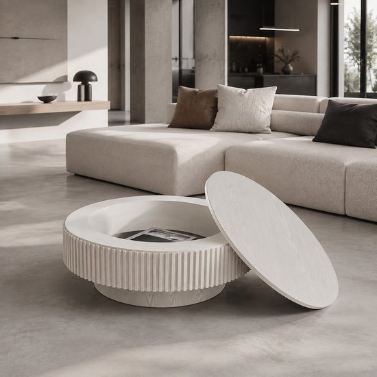 Ronde salontafel met geribbelde basis en open deksel, retro wit houtfineer.