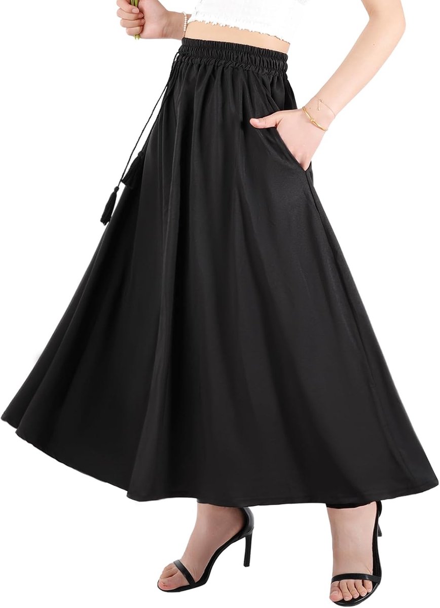 Rokken voor Vrouwen Damesrokken Elastische Taille Lange Rok met Zakken Midi Rok met Koord
