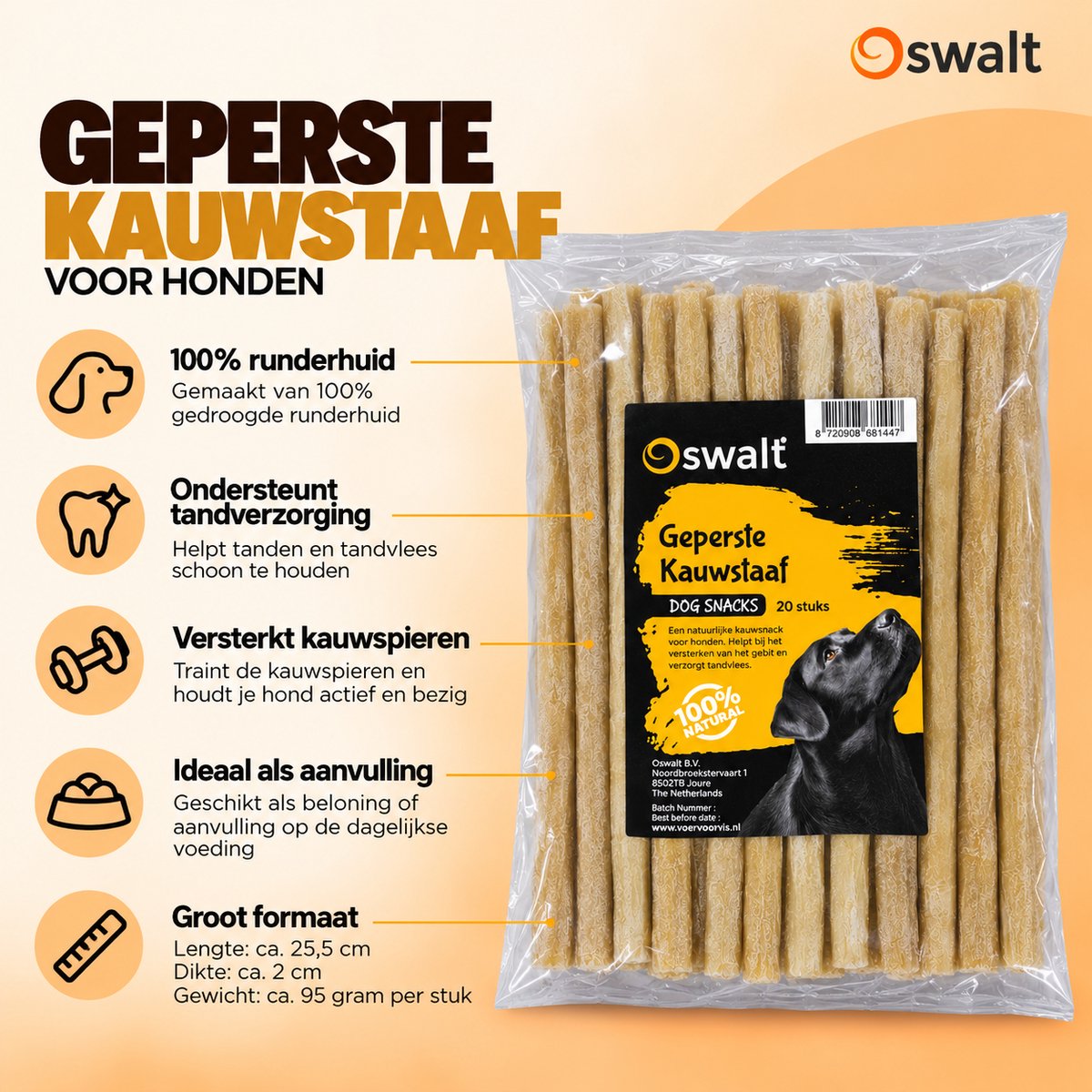 Oswalt Geperste Kauwstaaf - Runderhuid - Hondensnack - 20 Stuks - 25CM