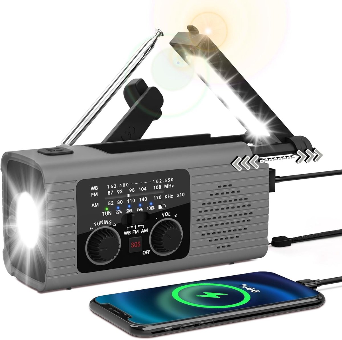 Grijze noodweerradio, 2000mAh op zonne-energie werkende weerradio met handslinger, oplaadbaar via USB, draagbare AM/FM-radio met LED-zaklamp, leeslampje en SOS-alarmfunctie voor noodgevallen.