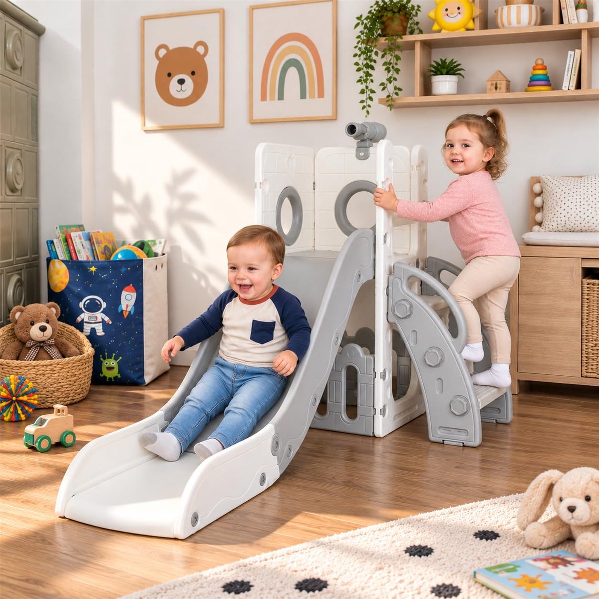 MAMIZO Kinderglijbaan - met Opbergruimte Speeltelescopen - voor Binnen en Buiten - Grijs-Wit